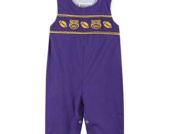 Purple and Gold Football and Tiger Smocked Overalls