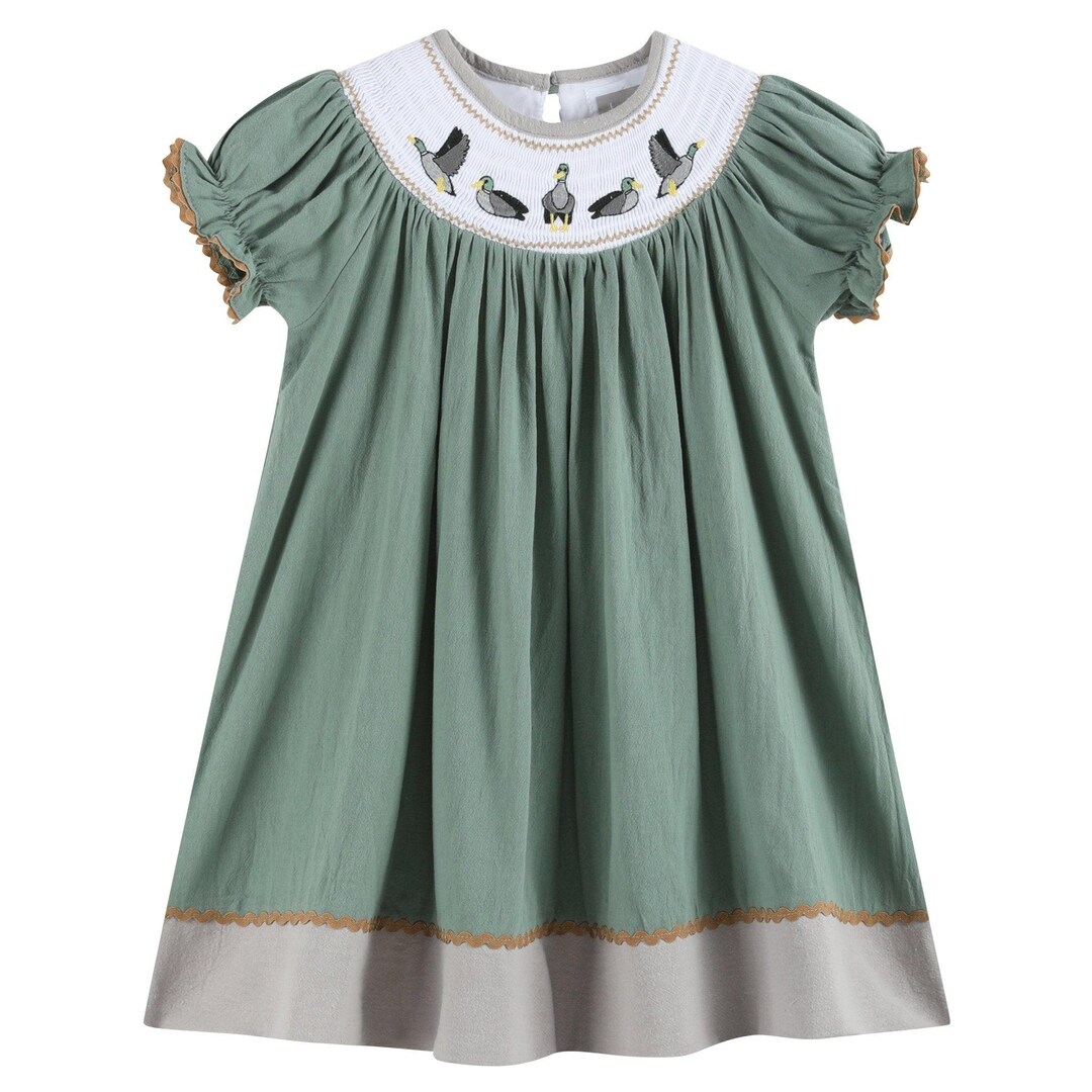 Delaney Blue Gingham Smocked Mallard Duck Bishop Dress main image 0