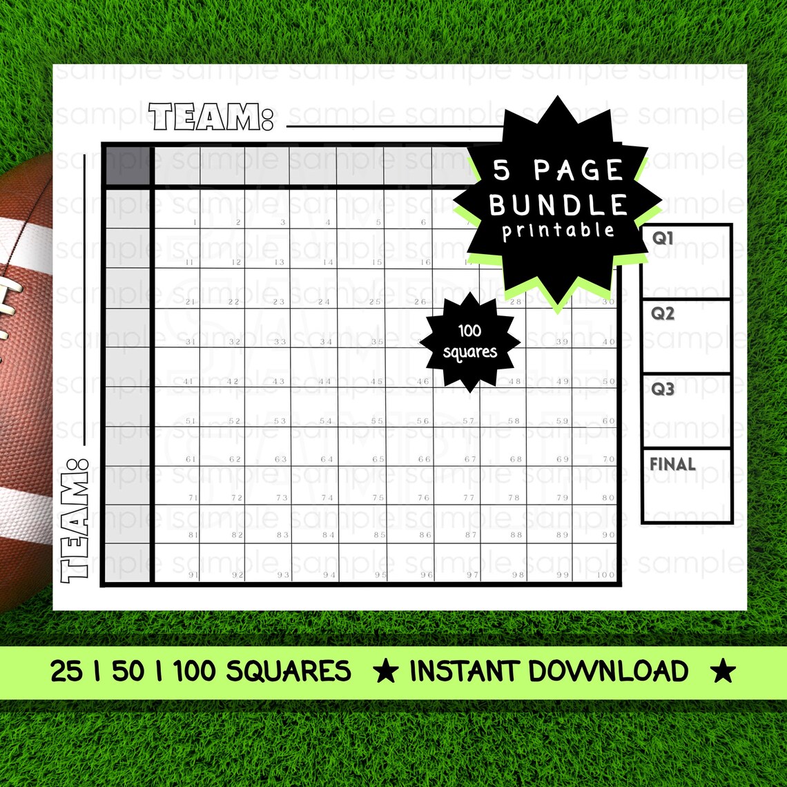 Football Squares Grid: 25, 50, 100 Box Template (PDF) - Etsy