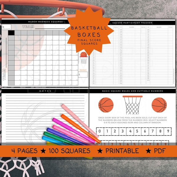 March Madness Basketball Squares | Final Score Basketball Boxes | March Madness |Ncaa Tournament | Basketball Pool | Boxes | 100 Square Grid