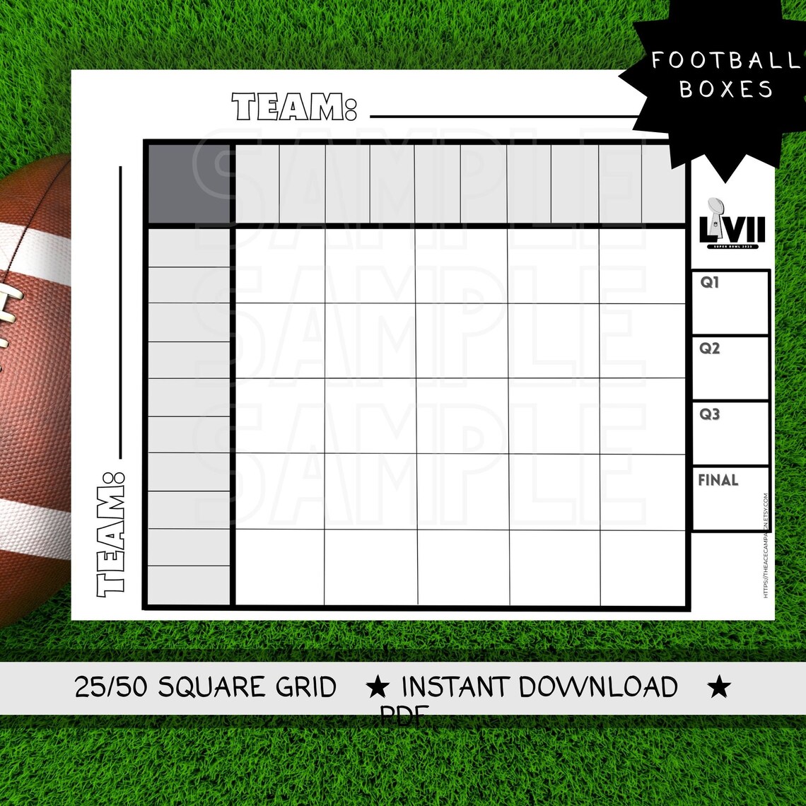 25 Box Squares Printable Football Pool Football Boxes 50 Square Grid ...