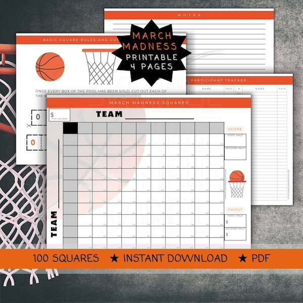 March Madness Ncaa boxes, Final Four Basketball Boxes, Printable, Ncaa basketball, Editable, Ncaa Tournament squares, Basketball Office Pool