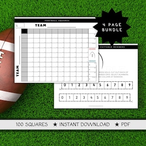 May include: A printable football squares game with a 100 square grid, a scorecard, and a payout section. The game includes cut-out numbers for players to randomly select. The text on the page reads "Football Squares", "Team", "Score", "Payout", "4 Page Bundle", "Cuttable Numbers", "100 Squares", "Instant Download", and "PDF".