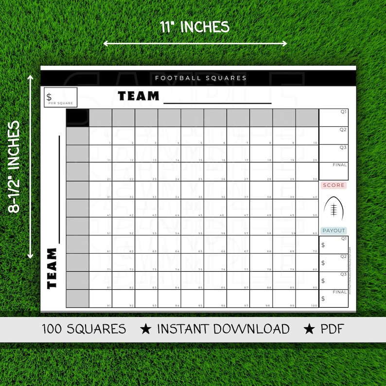 Football Sunday Boxes Football Squares Football 100 Squares Instant