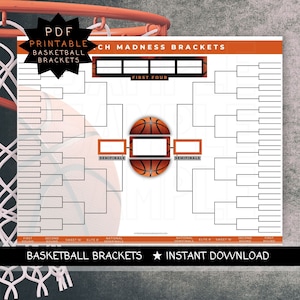 Op de afbeelding: Printbare NCAA March Madness basketbaltoernooi-bracket. De bracket is wit met zwarte lijnen en bevat ruimte om teamnamen in te vullen. De bracket heeft een basketbalafbeelding in het midden en de woorden "First Four" bovenaan.