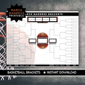 Puede incluir: Bracket de torneo de baloncesto March Madness imprimible con un gráfico de baloncesto. El bracket incluye espacios para 64 equipos y tiene secciones para los First Four, Sweet Sixteen, Elite Eight y Final Four.