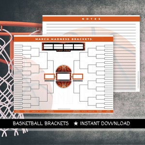 Puede incluir: Bracket de torneo de baloncesto masculino de la NCAA imprimible con un gráfico de baloncesto y el texto "March Madness Brackets".