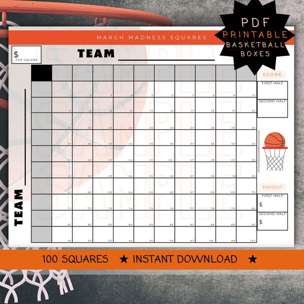 Ncaa boxes, March Madness Basketball Boxes, Printable, Ncaa basketball, Editable, Ncaa Tournament squares, Basketball Office Pool