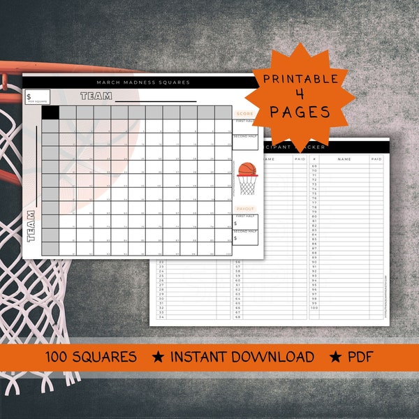 Ncaa Basketball Squares | Basketball Boxes | Printable | March Madness | Editable | Ncaa Tournament | Basketball Pool | 100 Square Template