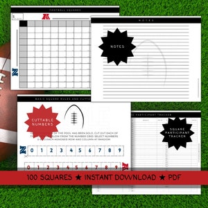 May include: Printable football squares game template with a black and white grid, cuttable numbers, and a participant tracker. The template includes instructions for playing the game and a notes section.