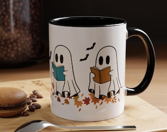 Spooky Ghosts Reading Mug: Halloween Coffee Cup for Book Lovers