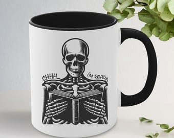 Skeleton Reading Book Coffee Mug: Spooky Season Home Decor