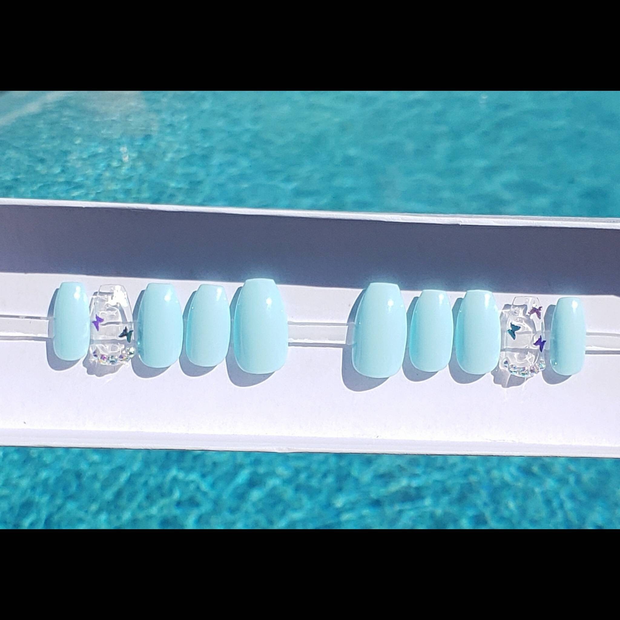 Butterfly Sky Blue Baby Blue Coffin Nails Press On Nails Etsy