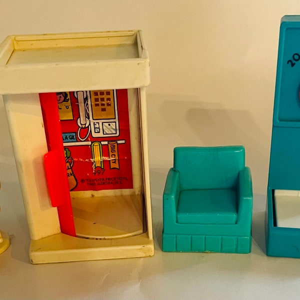 Vintage Fisher-Price Lot, Telephone Booth, Scale, Barber Chair, Arm Chair