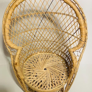 May include: A natural rattan peacock chair with a woven back and seat. The chair has a rounded back and armrests, and a circular seat. The chair is made of light brown rattan.