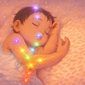 Può includere: Illustrazione di un bambino che dorme con luci brillanti e colorate che emanano da vari punti del corpo. Il bambino indossa una canotta bianca e riposa su un cuscino fantasia, con una palette di colori morbida e calda.