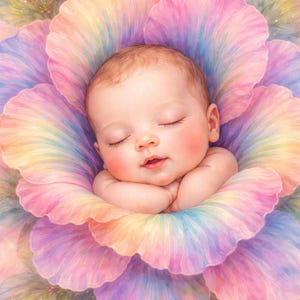 Puede incluir: Un bebé dormido acurrucado en una gran flor multicolor. Los pétalos de la flor muestran un arcoíris de colores pastel, con la piel del bebé con un tono rosado. El bebé duerme plácidamente con los brazos cruzados.