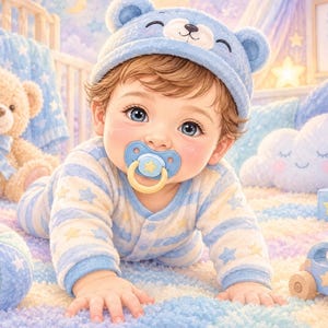 May include: A baby wearing a blue bear-themed hat and a blue and white striped long-sleeve onesie with star patterns. The baby has a blue pacifier with a yellow star and is surrounded by a teddy bear, a ball, wooden blocks, and a toy car.