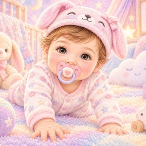 Puede incluir: Un bebé con un gorro rosa de orejas de conejo y un body de manga larga con estampado de estrellas y flores en tonos pastel. El bebé usa un chupete rosa con un corazón. Cerca hay un conejo de peluche, una pelota y bloques de madera.