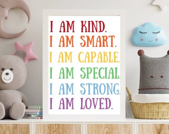 Affirmations for Kids and Families, Kids Affirmations, Affirmations Printable, Rainbow Kids Room, Kids Playroom Printable