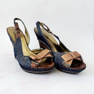 Y2K Denim Wedge Heels Guess Size 7.5 Vintage Blue Jean Leather High Heel Sandals Cute Shoes W Bows on Them Etsy Canada
