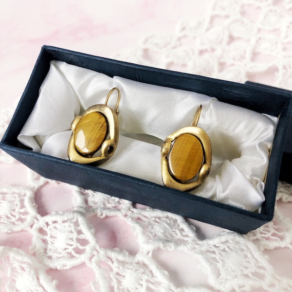 Vintage Tiger's Eye Earrings - Gold Tone Signed Karen Palmer Drop Earrings - Abstract, Modernist, Postmodern Aesthetic 1980s Jewelry