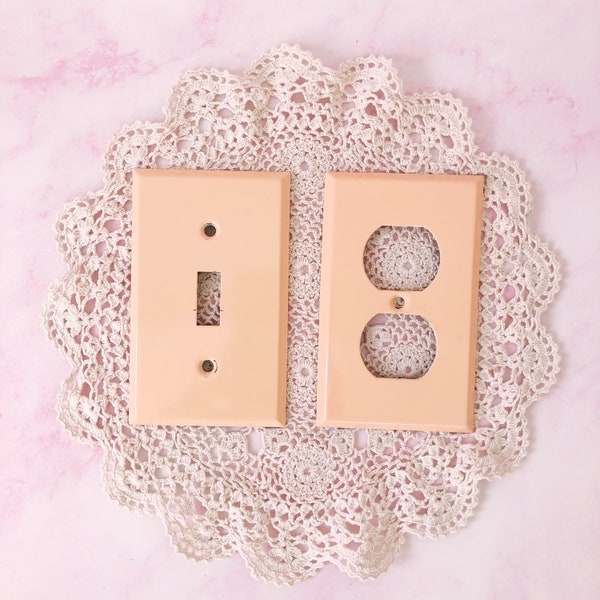 Vintage Switch Plates - Pink/Peach Colour 1980s Upcycled Metal Light Switch & Outlet Socket Covers - Cute Pastel Kids Room Nursery Decor