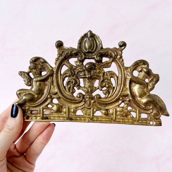 Cherub Brass Wall Hooks - Vintage Brass Key Hooks with French Rococo Design - Cute Coquette Jewelry Hooks