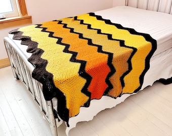 Zig Zag Granny Afghan - Orange, Yellow, Brown Chevron Handmade Knit Afghan 76 x 45 inches - Cozy 1970s Style Living Room Bedroom Home Decor