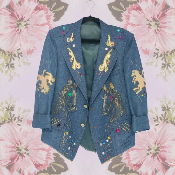 Funky Denim Jacket - 1980s Jeweled Painted Upcycled Jean Blazer - Gold Horses - Bold Weird Quirky Statement Fashion Piece