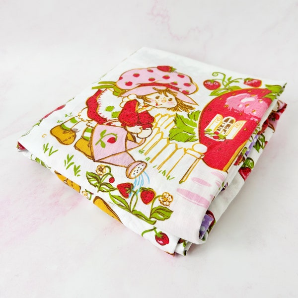 Strawberry Shortcake Fitted Sheet - 1980s Vintage Twin Size Cute Character Bedding - Nostalgic 80s, 90s Kids Bedroom Decor