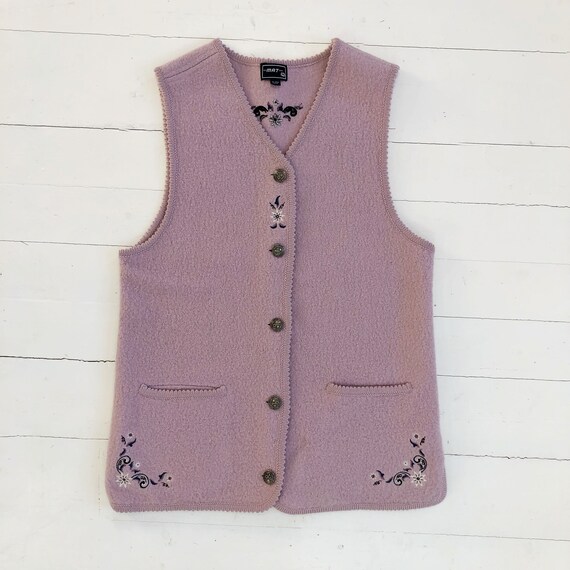 Vintage Granny Chic Embroidered Wool Vest - Button
