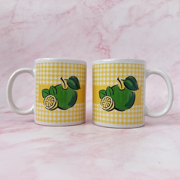 Set of Two Retro Lemon and Apple Mugs * Vintage Double Sided 1990s 1980s Yellow and Green Coffee or Tea Mugs * Fruit Decor for Kitchen