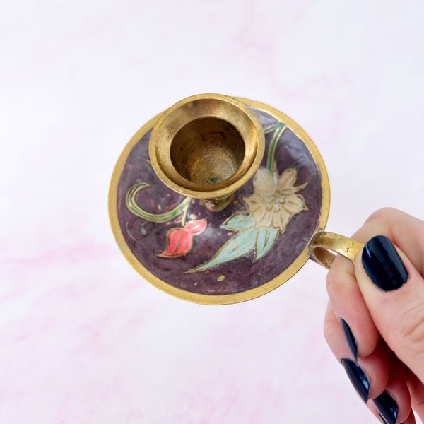 Floral Enamel & Brass Chamberstick - Elegant Purple, Pink Flower Design Solid Brass Candlestick Holder with Finger Loop