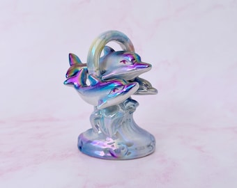 Dolphin Figurine - Rainbow Iridescent Ceramic Sculpture of Three Dolphins Jumping Through a Hoop - Y2K Teen Bedroom Decor Idea