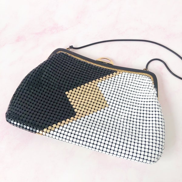 Vintage Metallic Mesh Purse - 1980s Geometric Black Gold and White Clutch Bag with Snake Chain Handle - Unique Accessories Made in Italy