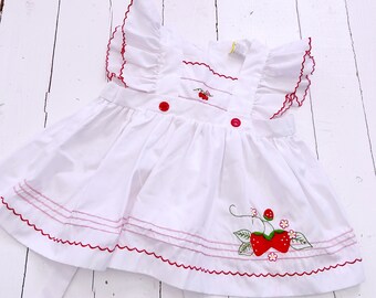 Embroidered Strawberry Baby Dress - Cute Vintage Baby Outfit - White with Red Ruffle Details and Berry Design