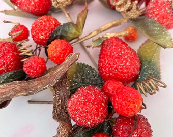 Sugared Fruit Sticks - Wired Textured Strawberrries and Raspberries with Leaf - Retro Beaded Fruit on Picks for Floral Display