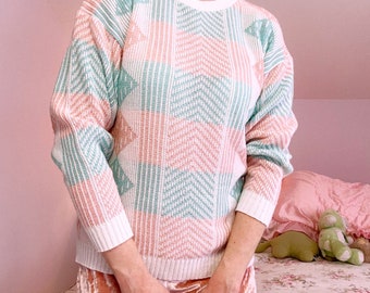 Pull grand-mère scintillant - joli pull en tricot rose pastel, blanc et bleu sarcelle des années 80 avec fils brillants scintillants - tenue Coquette grand-mère
