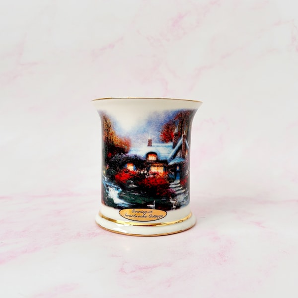 Thomas Kinkade Cup - Evening at Swanbrook Cottage Ceramic Shaving Mug - Painter of Light Winter Cottagecore Scene