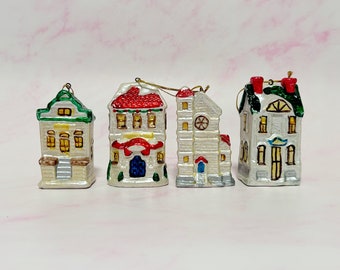 Mini Christmas Village Ornaments - Cute Little Iridescent Ceramic Houses Christmas Tree Ornament Lot Set - Kitschy Colourful Cottage Baubles