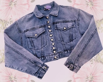 Vintage Cropped Denim Jacket - Pulse Retro Button Up Jean Jacket - 1980s Stonewash Silver Buttons Distressed Denim Jacket for Women or Men