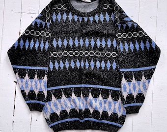 Pull vintage scintillant - Pull en maille géométrique abstrait funky des années 80 et 90 avec fils métalliques - losanges noirs, bleus, argentés