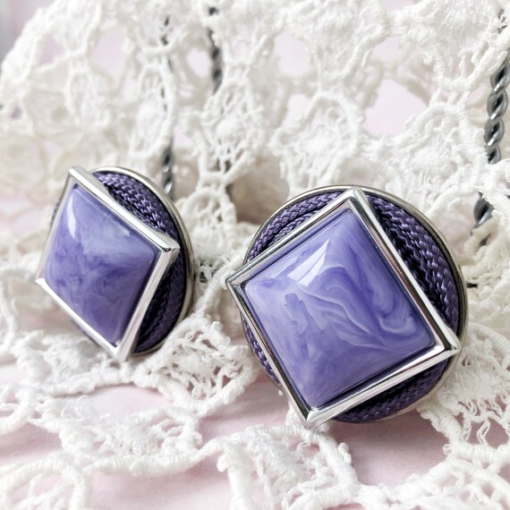 Chunky Purple Clip On Earrings - 1980s Large Purp… - image 3