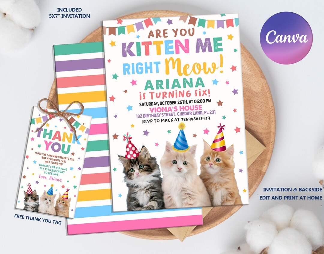Cat Birthday Invitation, Cute Cat Birthday Invite, Printable Birthday ...