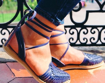 Alpargatas Blue, Huarache sandal Lace-up blue tooled, white huaraches for woman, boho hippie sandals, woman sandals
