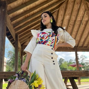 Mexican Two Piece Jumpsuit. Top. Hand Embroidered  Jumpsuit. Mexican Fashion 2 Piece High Waisted Jumpsuit.