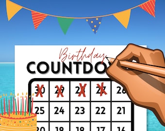 Calendario de cuenta regresiva imprimible. Cuenta regresiva de 30 días para vacaciones, jubilación, cumpleaños, bebé, boda... ¡Cualquier ocasión!