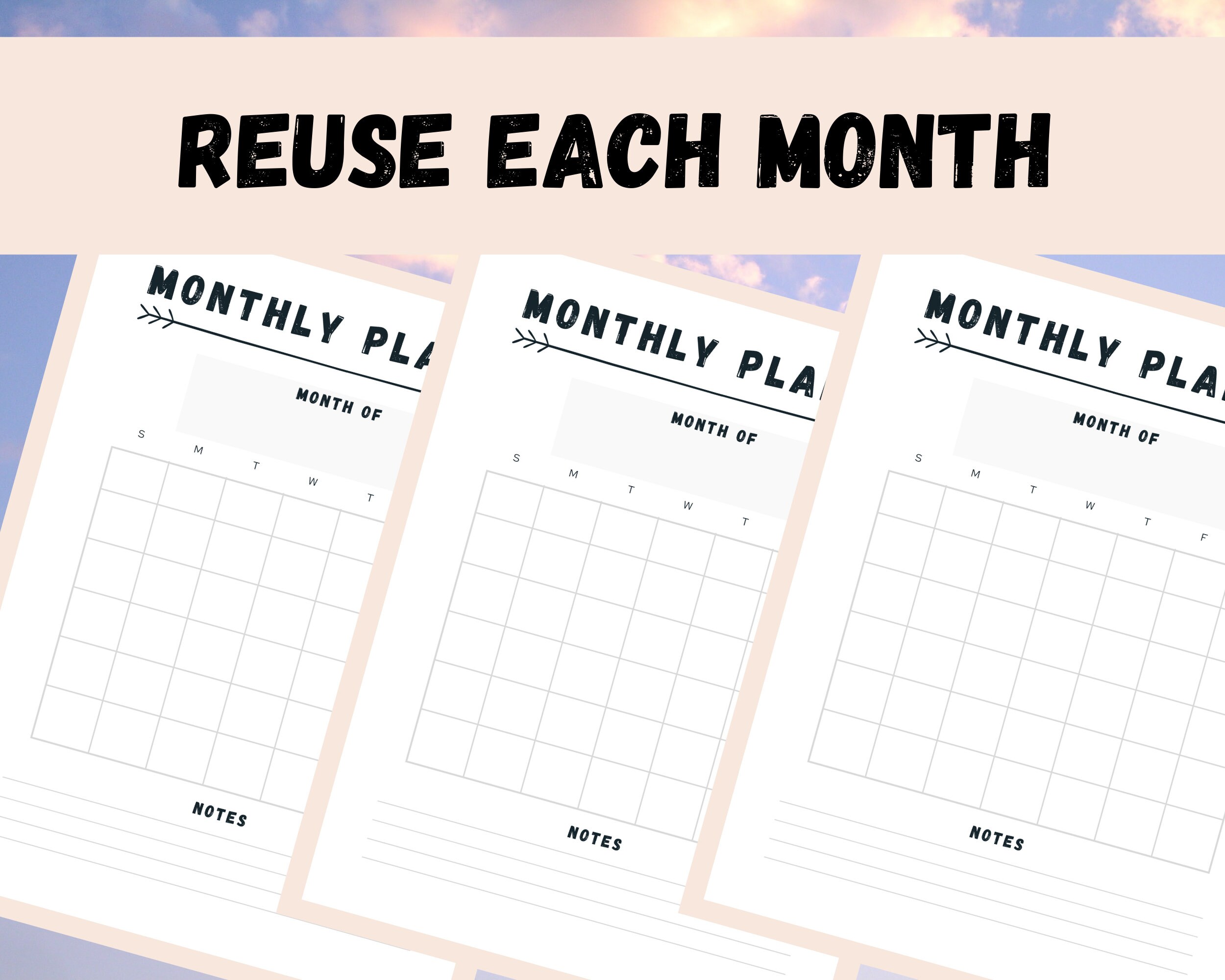 printable blank monthly weekly calendar instant download