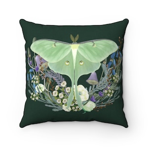 Luna Moth Throw Pillow, Mushroom Pillow, Cottagecore Decor, Goblincore Pillow, Dark Academia, Nature Lover Gift, Moth Couch Pillow